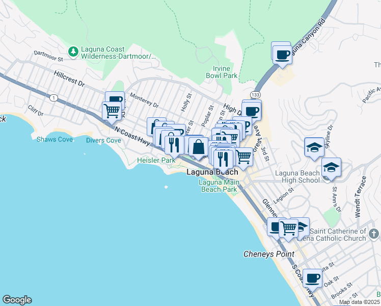 map of restaurants, bars, coffee shops, grocery stores, and more near 270 Cliff Drive in Laguna Beach