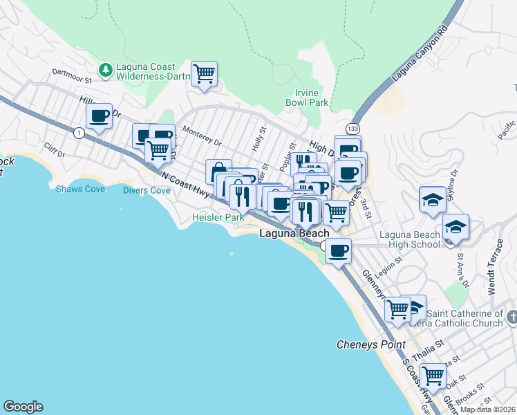 map of restaurants, bars, coffee shops, grocery stores, and more near 281 Cypress Drive in Laguna Beach