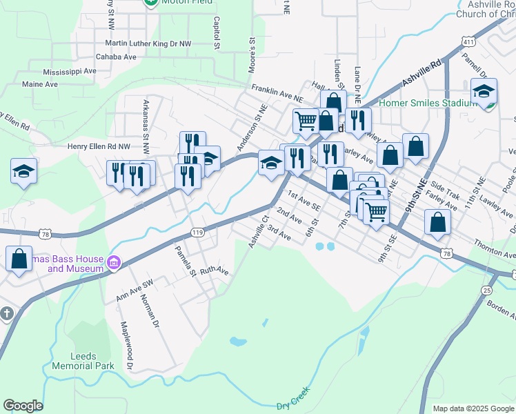 map of restaurants, bars, coffee shops, grocery stores, and more near 966 Montevallo Road Southeast in Leeds