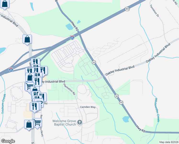 map of restaurants, bars, coffee shops, grocery stores, and more near 3591-7401 Highway 92 in Fairburn