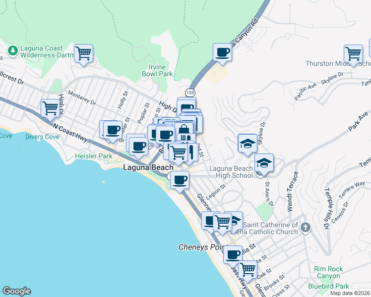 map of restaurants, bars, coffee shops, grocery stores, and more near 465 Forest Avenue in Laguna Beach