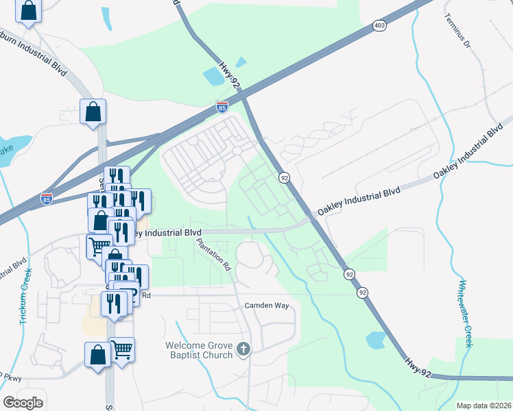 map of restaurants, bars, coffee shops, grocery stores, and more near 7766 Carnegie Drive in Fairburn