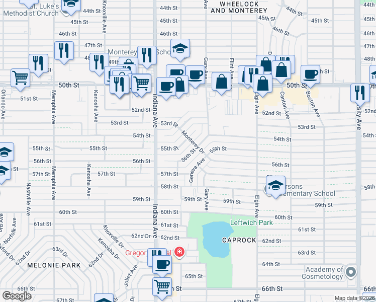 map of restaurants, bars, coffee shops, grocery stores, and more near 3202 56th Street in Lubbock