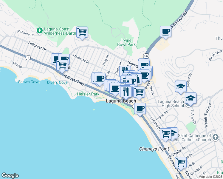 map of restaurants, bars, coffee shops, grocery stores, and more near 250 Cliff Drive in Laguna Beach