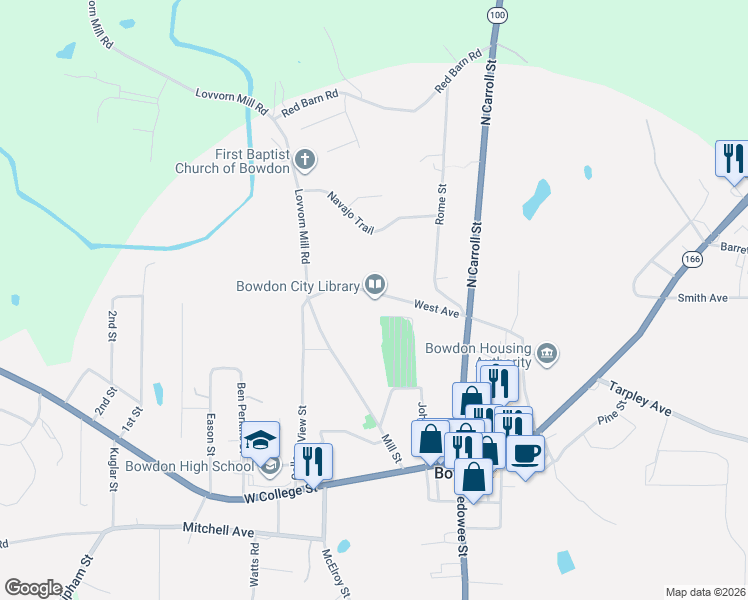 map of restaurants, bars, coffee shops, grocery stores, and more near 450 West Avenue in Bowdon