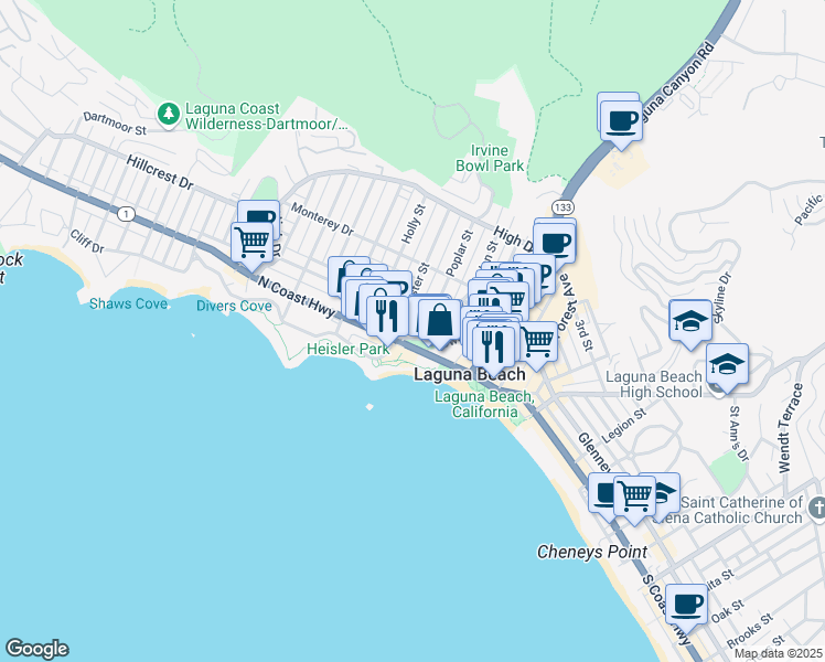 map of restaurants, bars, coffee shops, grocery stores, and more near 280 Cliff Drive in Laguna Beach