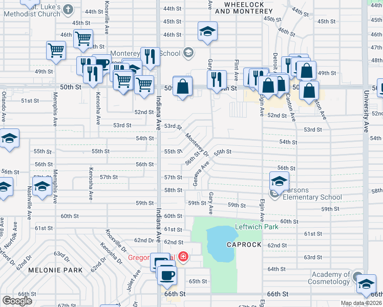 map of restaurants, bars, coffee shops, grocery stores, and more near 3202 56th Street in Lubbock