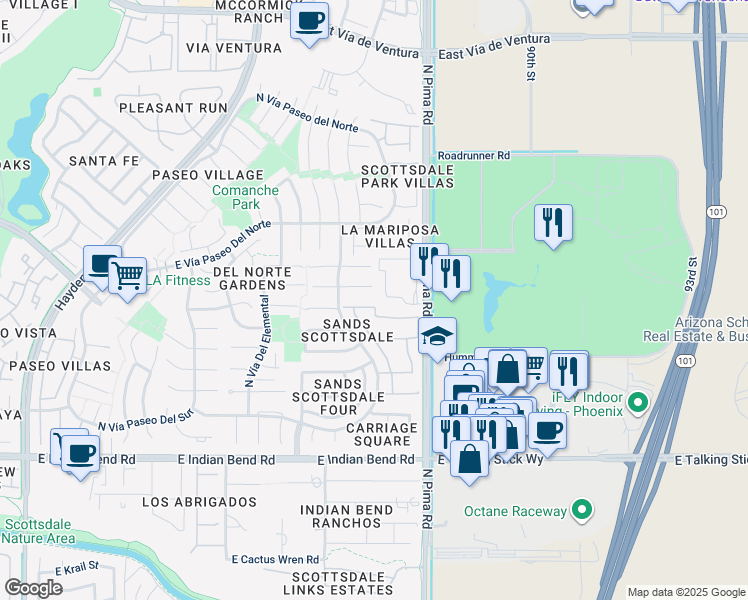 map of restaurants, bars, coffee shops, grocery stores, and more near 8663 East Vía De Los Libros in Scottsdale