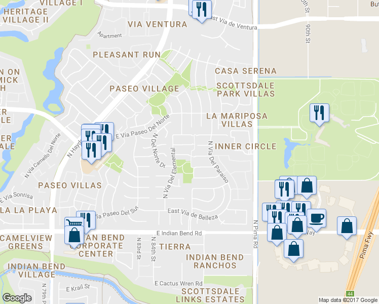 map of restaurants, bars, coffee shops, grocery stores, and more near 8531 East Vía De Los Libros in Scottsdale