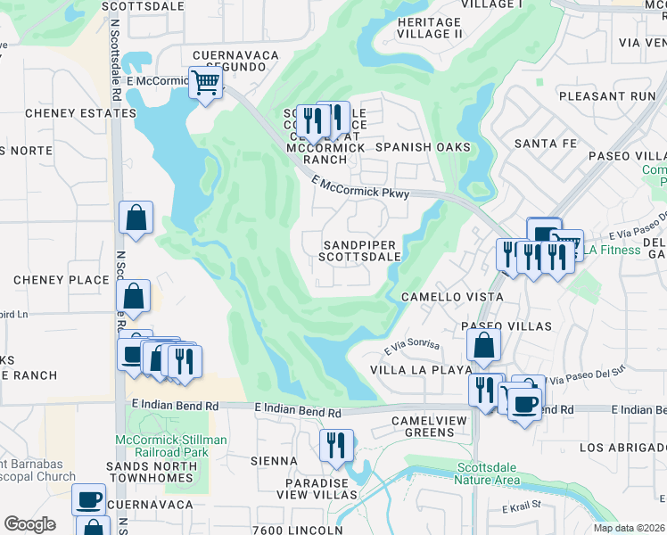 map of restaurants, bars, coffee shops, grocery stores, and more near 7408 North Yuma Road in Scottsdale