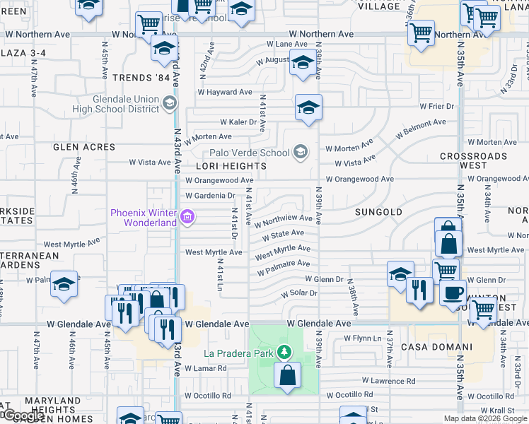 map of restaurants, bars, coffee shops, grocery stores, and more near 4028 West Gardenia Avenue in Phoenix