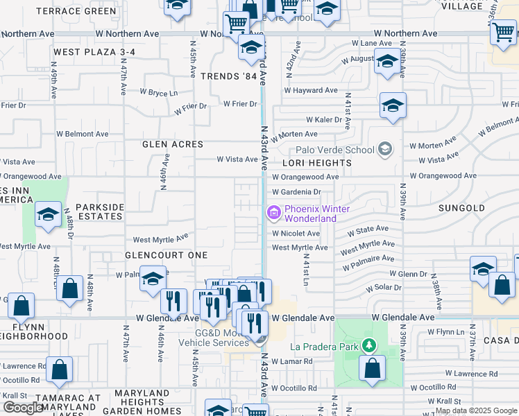 map of restaurants, bars, coffee shops, grocery stores, and more near 7346 North 43rd Drive in Glendale