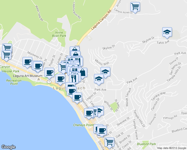 map of restaurants, bars, coffee shops, grocery stores, and more near 499 Hilledge Drive in Laguna Beach