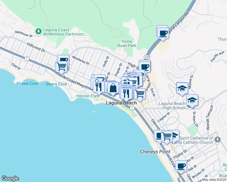 map of restaurants, bars, coffee shops, grocery stores, and more near in Laguna Beach