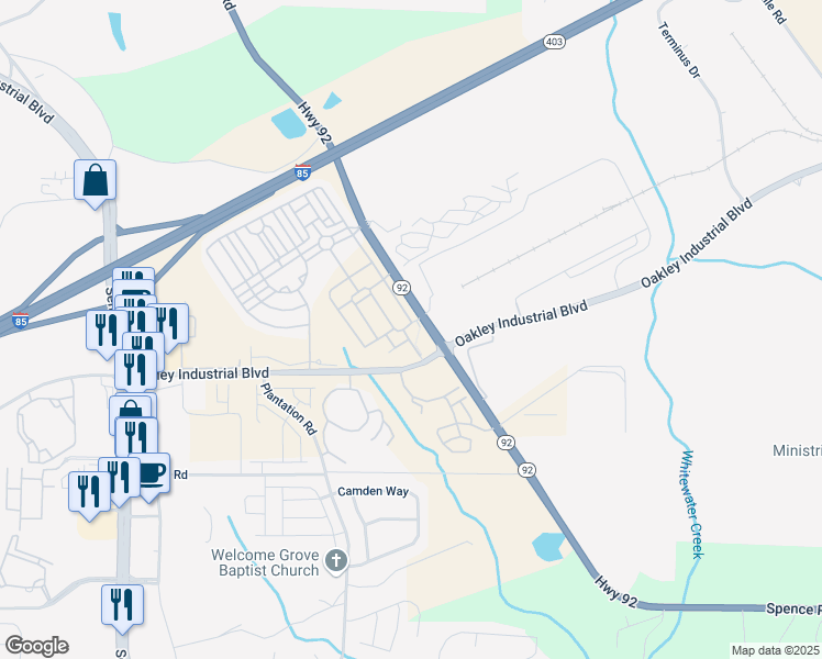 map of restaurants, bars, coffee shops, grocery stores, and more near 7624 Squire Court in Fairburn