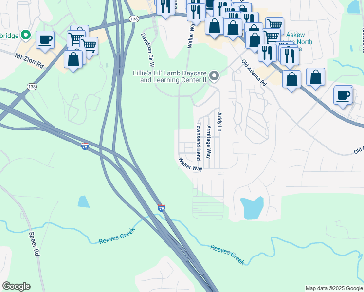 map of restaurants, bars, coffee shops, grocery stores, and more near 2509 Walter Way in Stockbridge