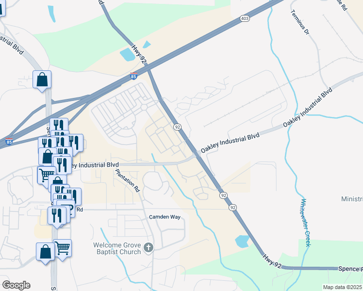 map of restaurants, bars, coffee shops, grocery stores, and more near 7624 Squire Court in Fairburn