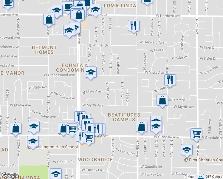 map of restaurants, bars, coffee shops, grocery stores, and more near 1636 West State Avenue in Phoenix