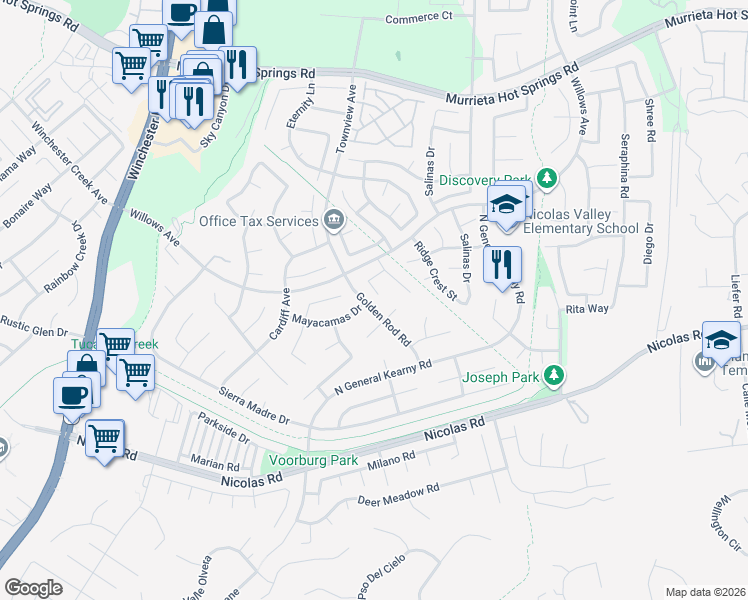 map of restaurants, bars, coffee shops, grocery stores, and more near 39513 Chappellet Circle in Murrieta
