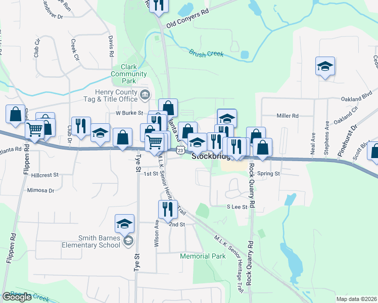 map of restaurants, bars, coffee shops, grocery stores, and more near 107 Harrell Drive in Stockbridge