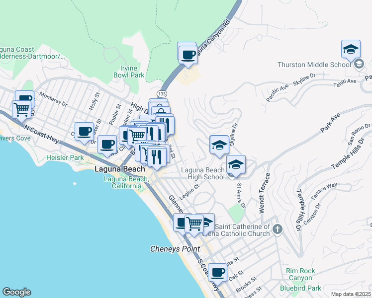 map of restaurants, bars, coffee shops, grocery stores, and more near 356 Y Place in Laguna Beach