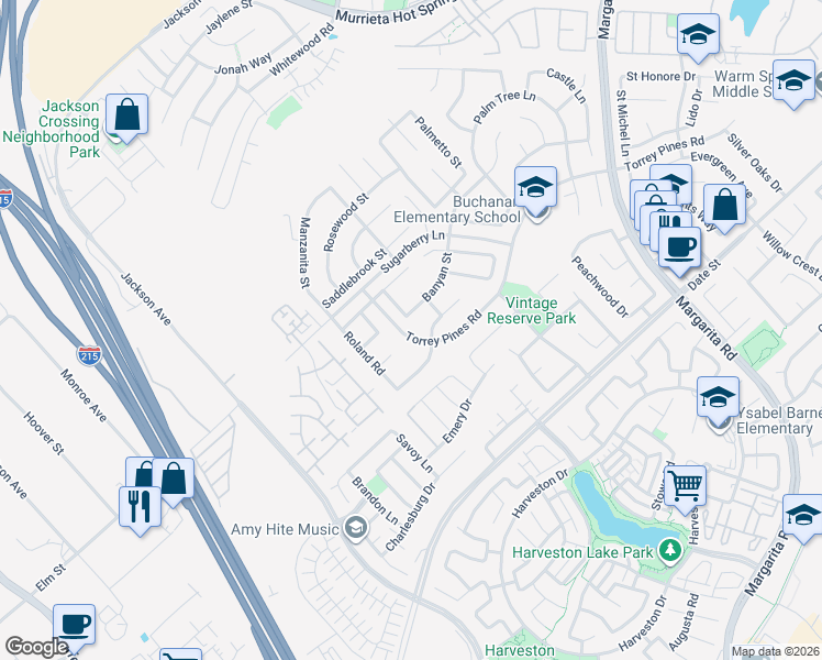 map of restaurants, bars, coffee shops, grocery stores, and more near 40295 Banyan Street in Murrieta