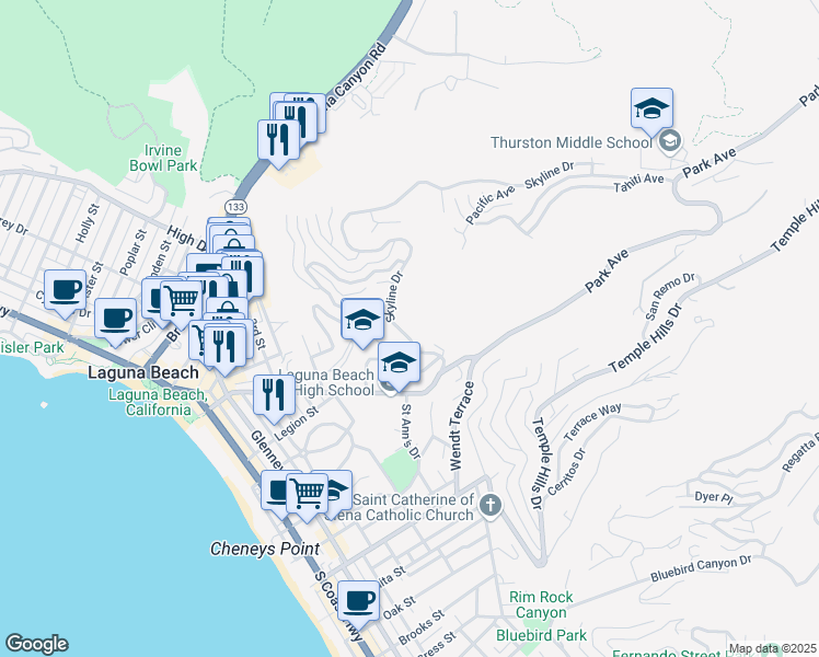 map of restaurants, bars, coffee shops, grocery stores, and more near 1040 Skyline Drive in Laguna Beach