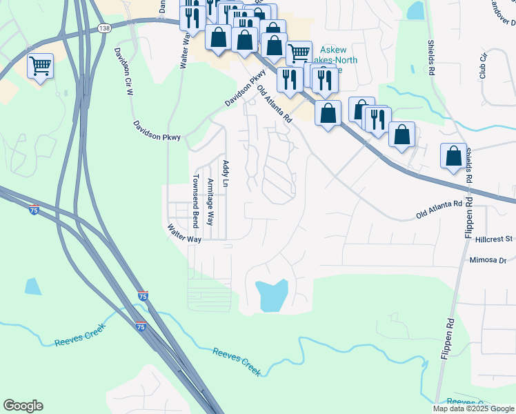 map of restaurants, bars, coffee shops, grocery stores, and more near 4005 Angels Drive in Stockbridge
