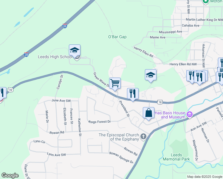 map of restaurants, bars, coffee shops, grocery stores, and more near 7290 Parkway Drive Southeast in Leeds