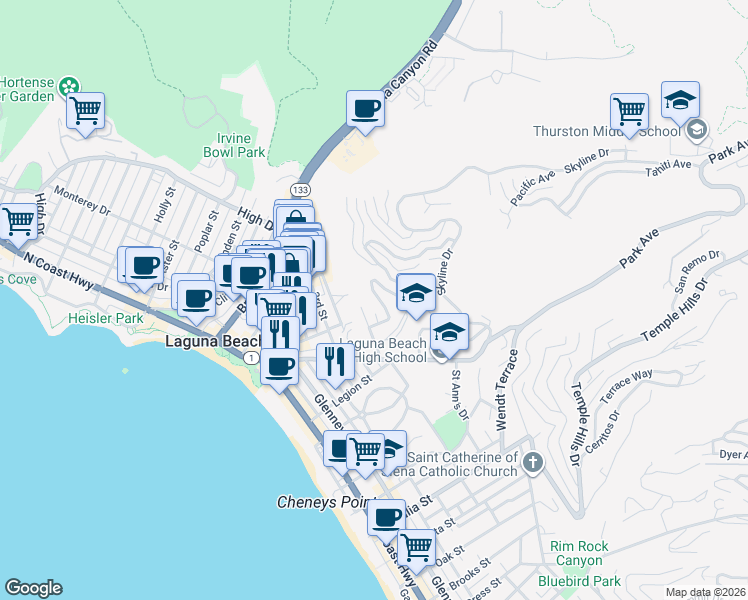 map of restaurants, bars, coffee shops, grocery stores, and more near 480 Hilledge Drive in Laguna Beach