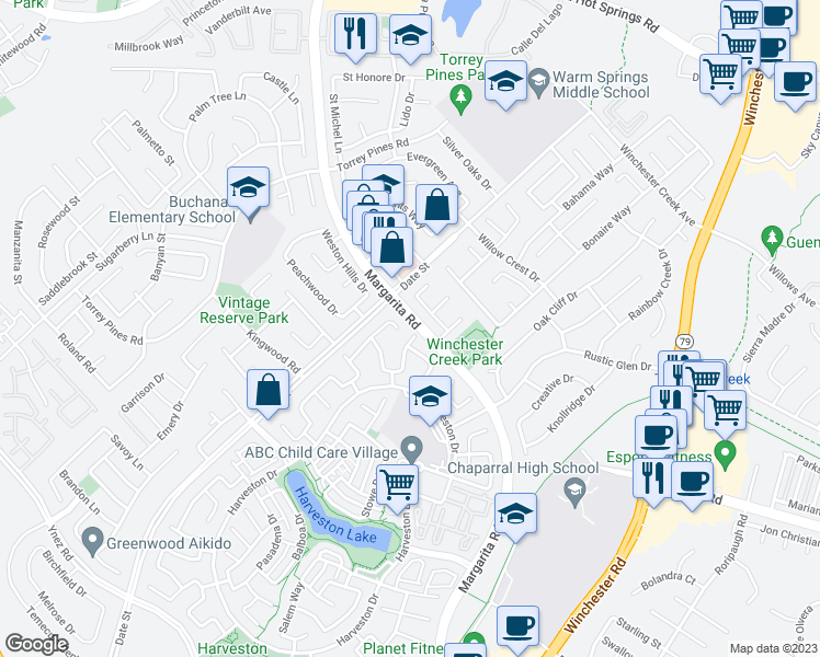 map of restaurants, bars, coffee shops, grocery stores, and more near 39707 Cambridge Place in Temecula