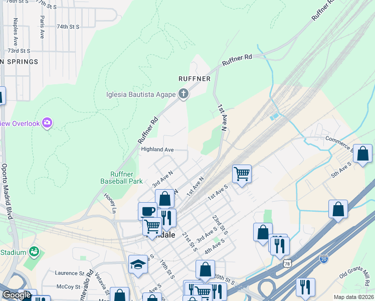 map of restaurants, bars, coffee shops, grocery stores, and more near 2342 Highland Avenue in Irondale