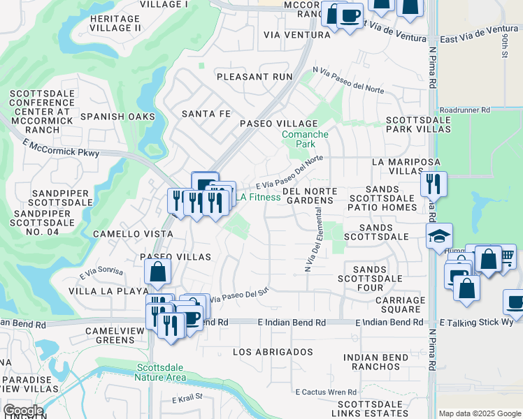 map of restaurants, bars, coffee shops, grocery stores, and more near 8348 East Vía De Los Libros in Scottsdale
