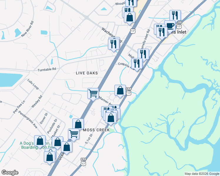 map of restaurants, bars, coffee shops, grocery stores, and more near 4840 Moss Creek Loop in Murrells Inlet