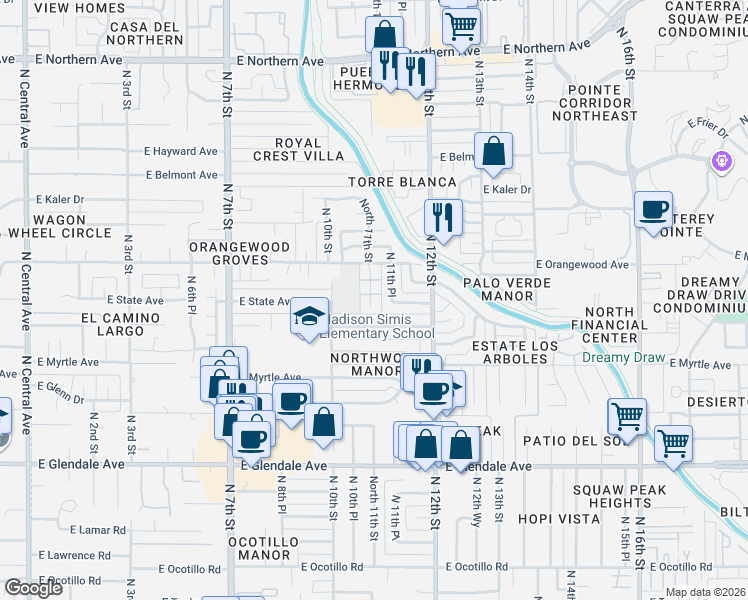 map of restaurants, bars, coffee shops, grocery stores, and more near 7335 North 11th Street in Phoenix