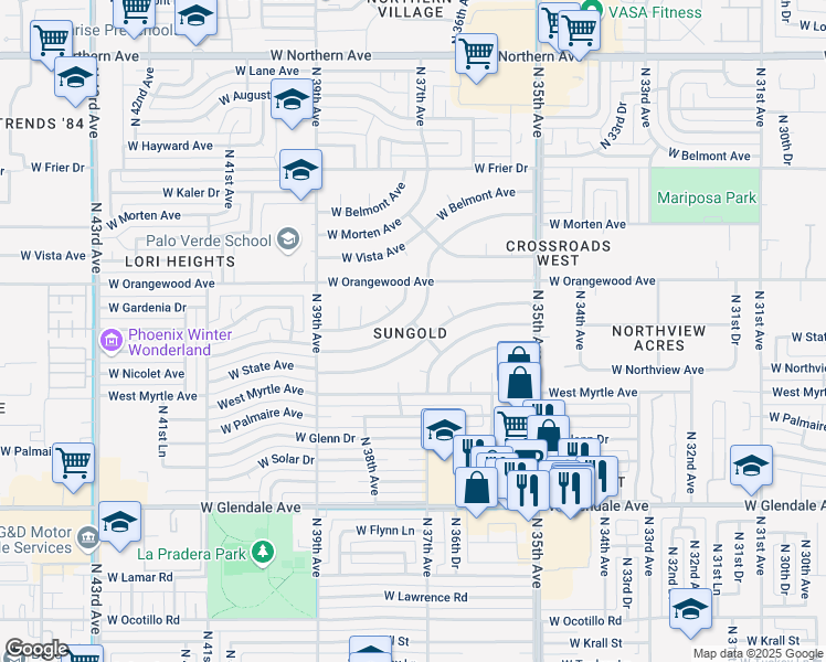 map of restaurants, bars, coffee shops, grocery stores, and more near 3650 West State Avenue in Phoenix