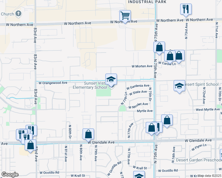 map of restaurants, bars, coffee shops, grocery stores, and more near 7775 West Orangewood Avenue in Glendale