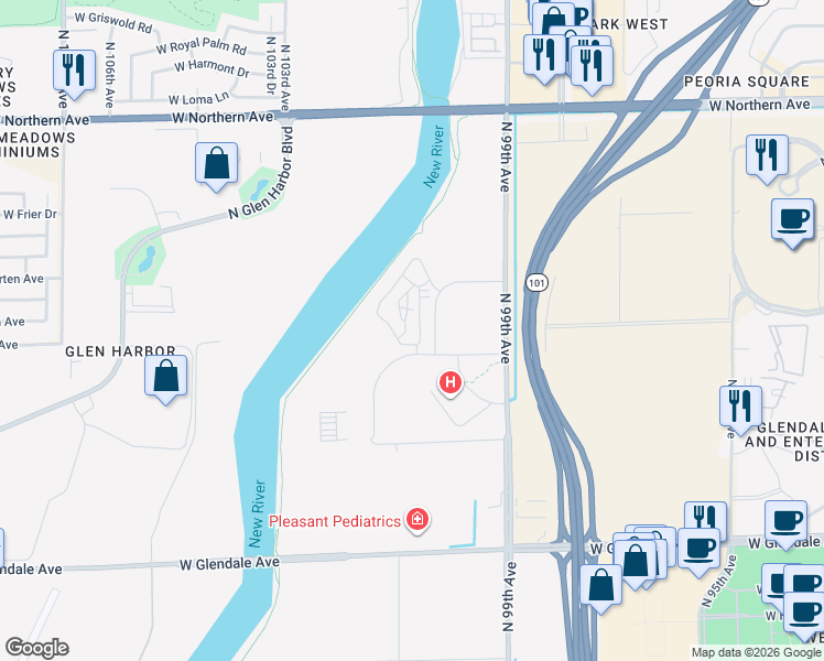 map of restaurants, bars, coffee shops, grocery stores, and more near 7300 North 99th Avenue in Glendale
