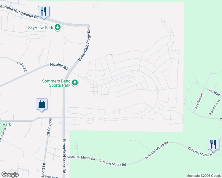 map of restaurants, bars, coffee shops, grocery stores, and more near 32425 North Loop Drive in Temecula