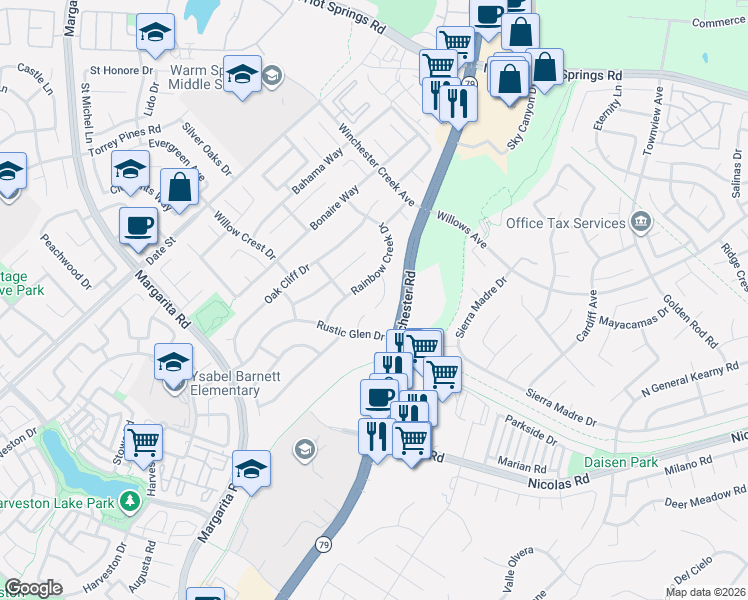 map of restaurants, bars, coffee shops, grocery stores, and more near 39408 Canyon Rim Circle in Temecula