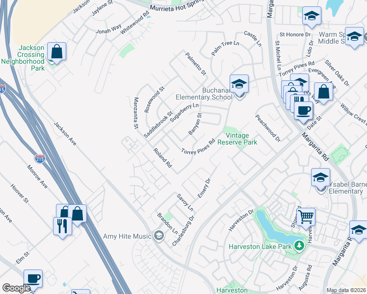 map of restaurants, bars, coffee shops, grocery stores, and more near 40295 Banyan Street in Murrieta
