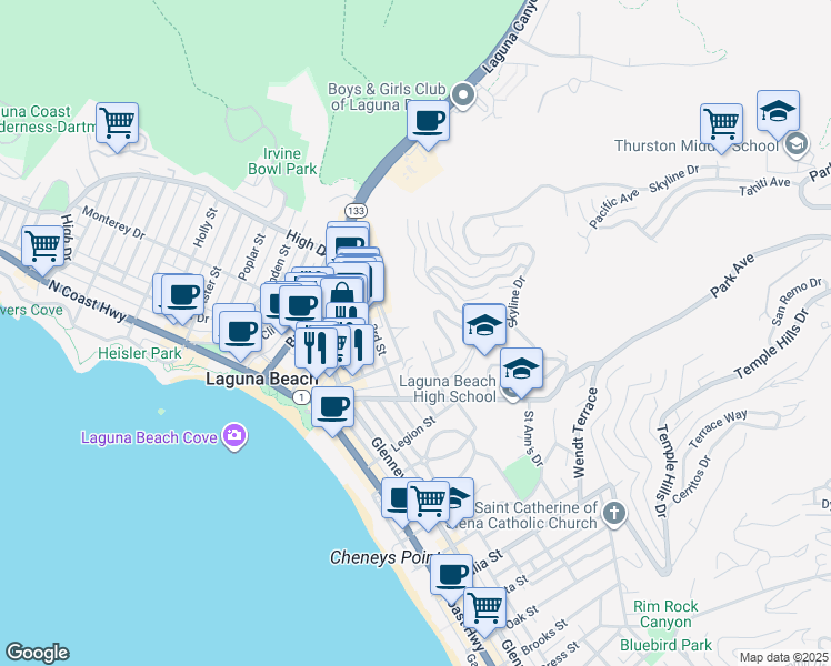 map of restaurants, bars, coffee shops, grocery stores, and more near 330 Y Place in Laguna Beach