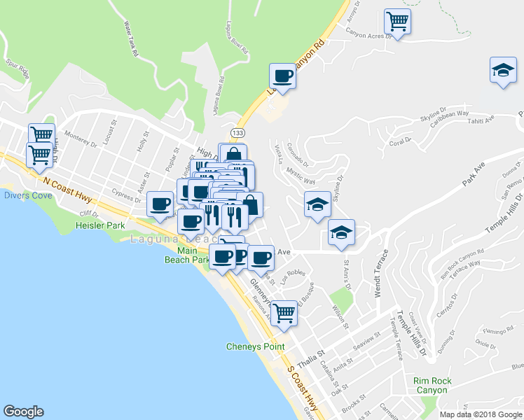 map of restaurants, bars, coffee shops, grocery stores, and more near 330 Y Place in Laguna Beach