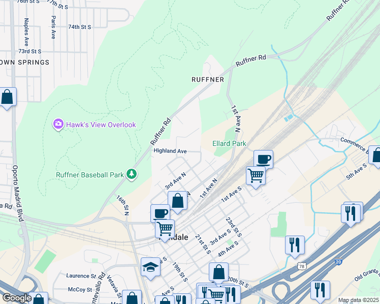 map of restaurants, bars, coffee shops, grocery stores, and more near 2322 Highland Avenue in Irondale