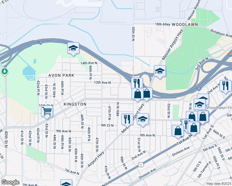 map of restaurants, bars, coffee shops, grocery stores, and more near 1115 47th Place North in Birmingham
