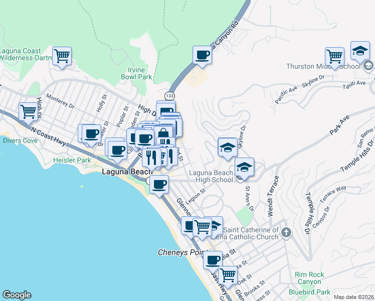 map of restaurants, bars, coffee shops, grocery stores, and more near 350 Loma Terrace in Laguna Beach