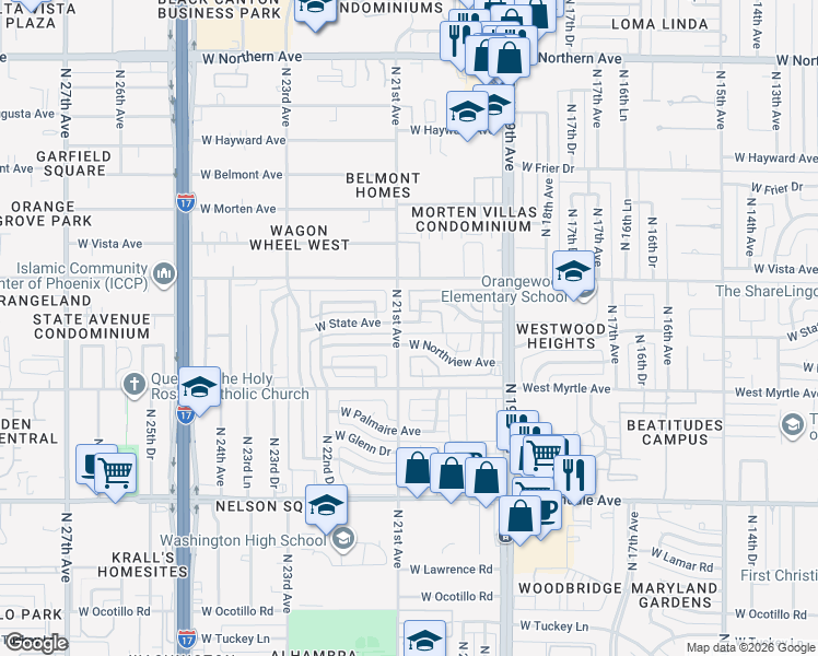 map of restaurants, bars, coffee shops, grocery stores, and more near in Phoenix