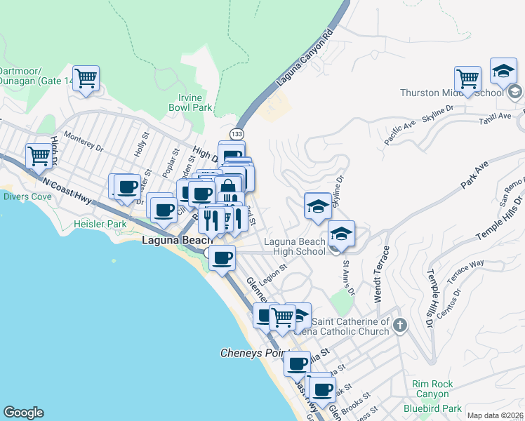 map of restaurants, bars, coffee shops, grocery stores, and more near 330 Y Place in Laguna Beach