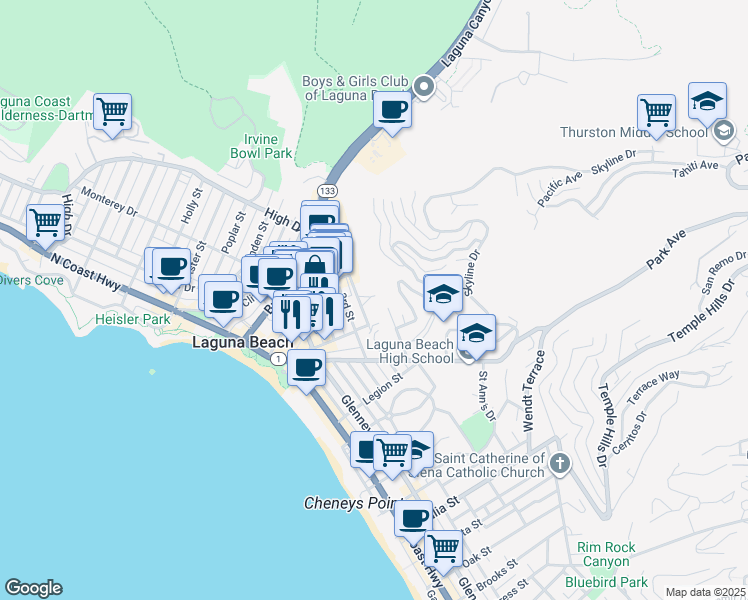 map of restaurants, bars, coffee shops, grocery stores, and more near 356 Y Place in Laguna Beach