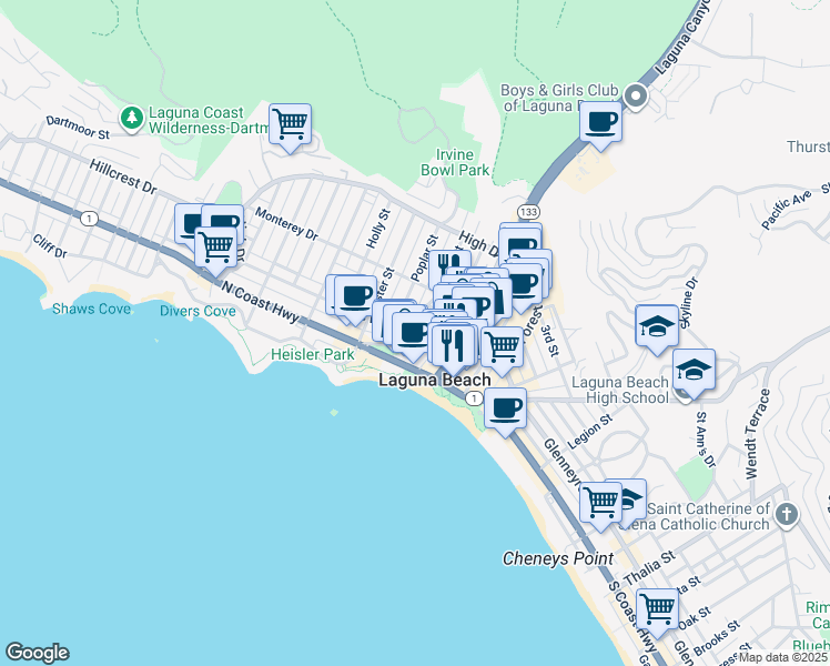 map of restaurants, bars, coffee shops, grocery stores, and more near 234 Cliff Drive in Laguna Beach